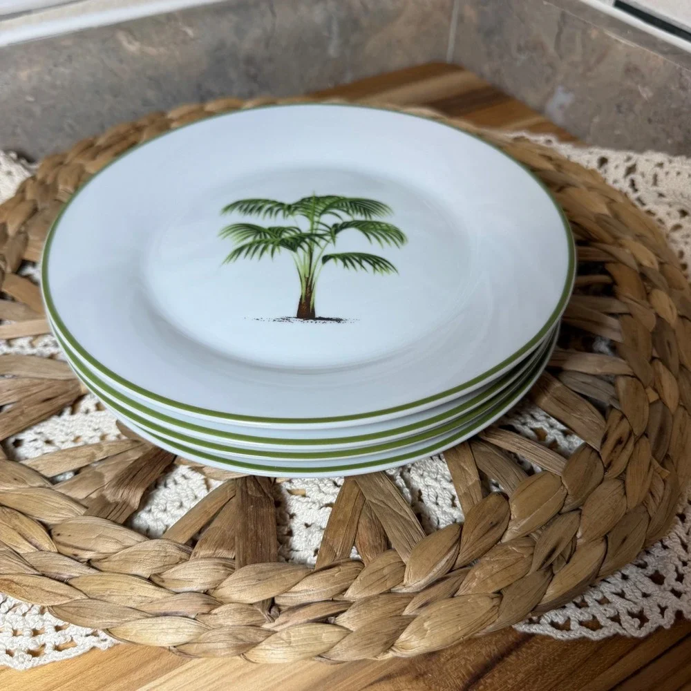 Pottery Barn Palm Tree Salad Plates Set of 4 Botanical Tropical Green White